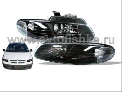 Chrysler Town&Country, Dodge Caravan, Plymouth Voyager (96-00) фары передние зеркальные черные с белым рефлектором, комплект 2 шт.